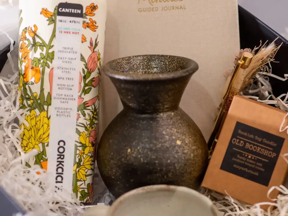 Corkcicle Bottle Minutes Guided Journal Ball Point Pen Stoneware Teacup with Saucer Old Bookshop Scented Candle Flower Verse Gift Box